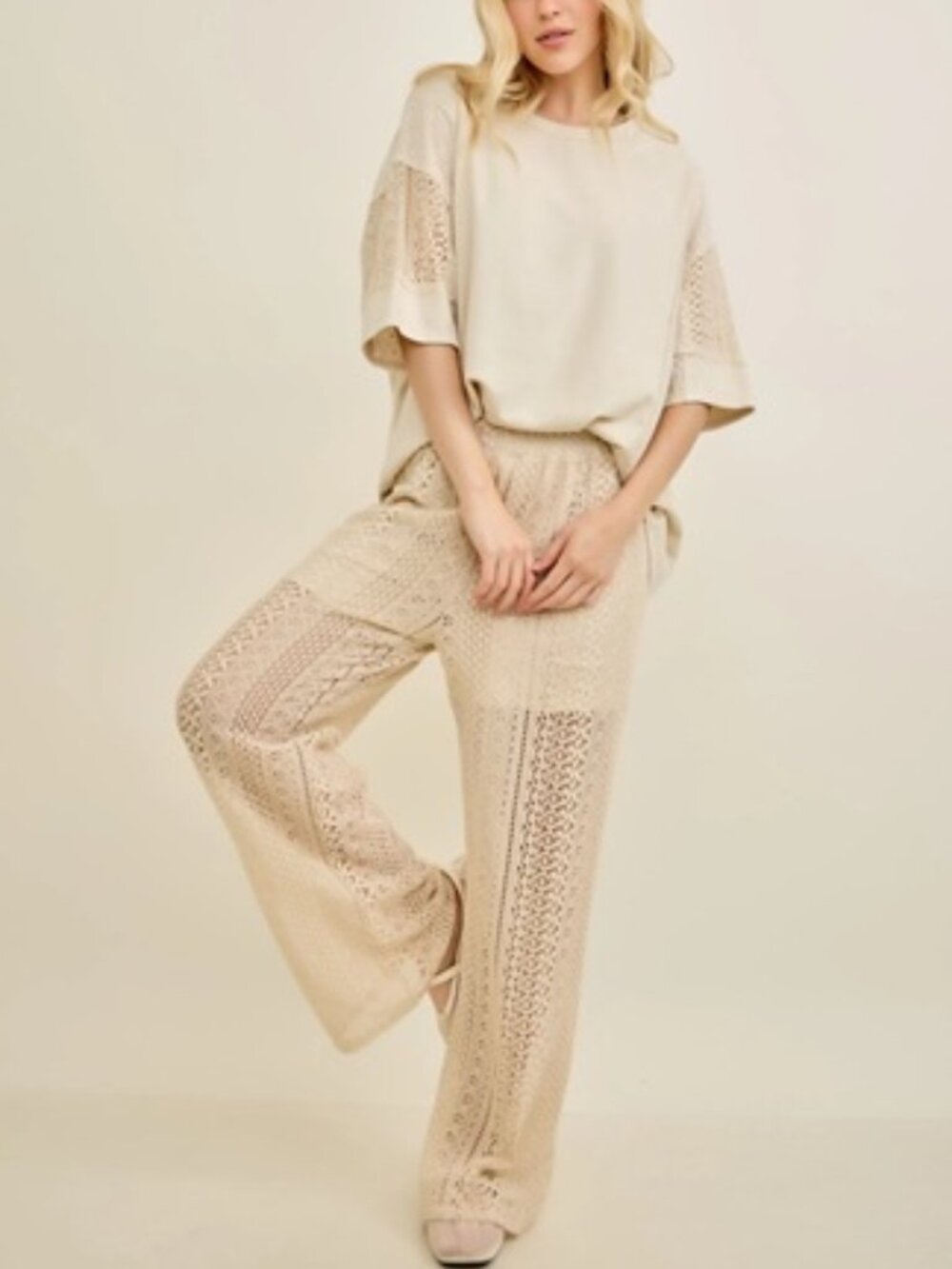 MINERAL WASHED BOHO LACE COOL PANTS WITH LINED SHORTS